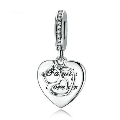 925 Sterling Silver Family Forever Cat and Heart Shaped Dangle Charm