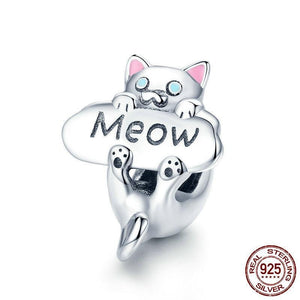 925 Sterling Silver Naughty Cat "Meow" Bead Charm