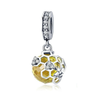 925 Sterling Silver Yellow CZ Honeycomb and Bee Dangle Charm