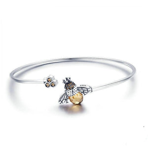 925 Sterling Silver Crystal Bee And Honeycomb Open Bracelet