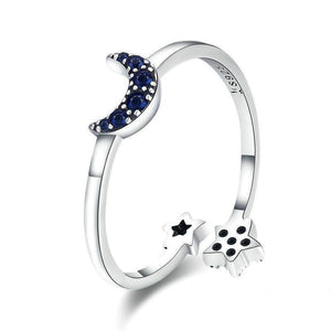 925 Sterling Silver Sparkling Blue CZ Moon and Star Adjustable Ring