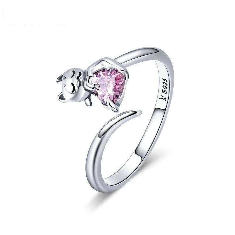 925 Sterling Silver Adorable Cat Pink CZ Adjustable Ring