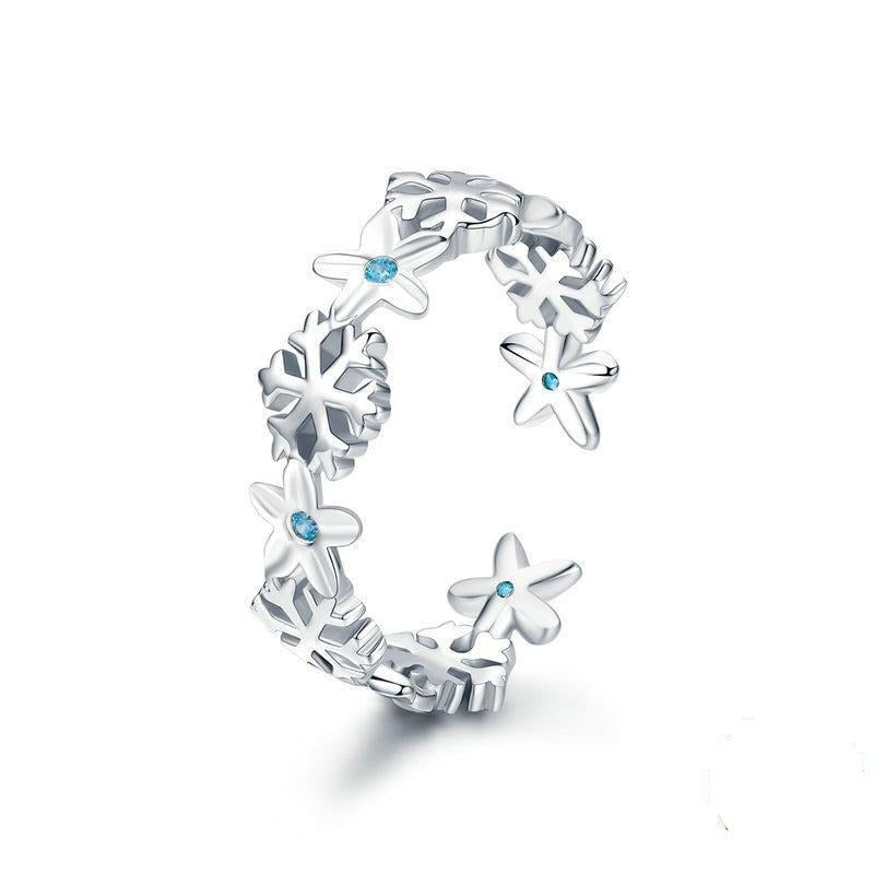 925 Sterling Silver Blue CZ Winter Snowflake Adjustable Ring
