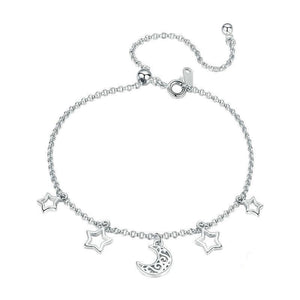 925 Sterling Silver Moon And Star Chain Link Adjustable Bracelet