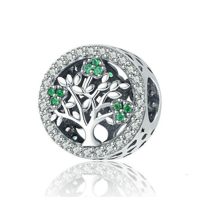 925 Sterling Silver Clear and Green CZ Tree of Life Bead Charm