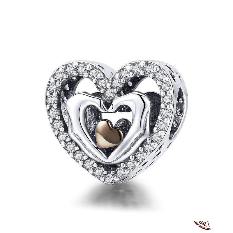 925 Sterling Silver Finger Love Heart Charm Beads