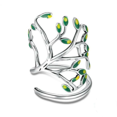 925 Sterling Silver Tree of Life Green Tree Leaves Adjustable Ring
