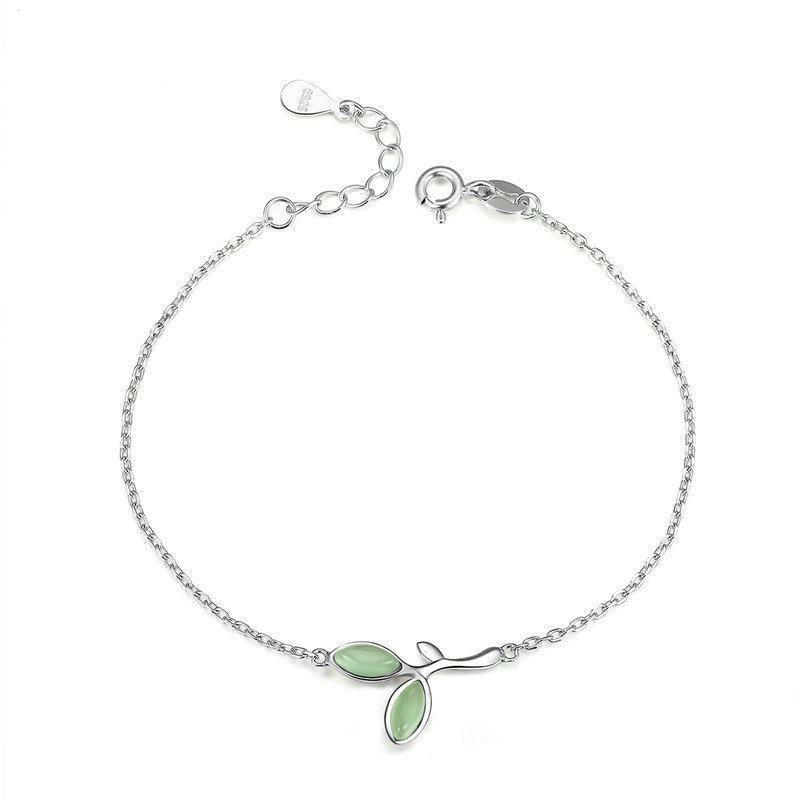 925 Sterling Silver Hope Green Tree Leaf Buds Enamel Women Chain Bracelet