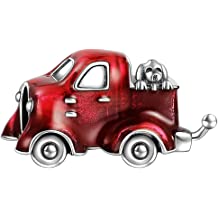 925 Sterling Silver Red Enamel Truck And Pup Bead Charm
