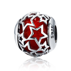 925 Sterling Silver Red Openwork Star Motive Glass Bead Charm