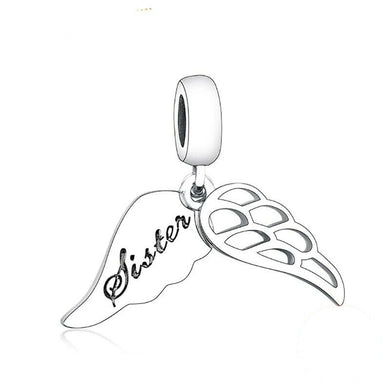925 Sterling Silver Sister Engraved Angel Wings Dangle Charm