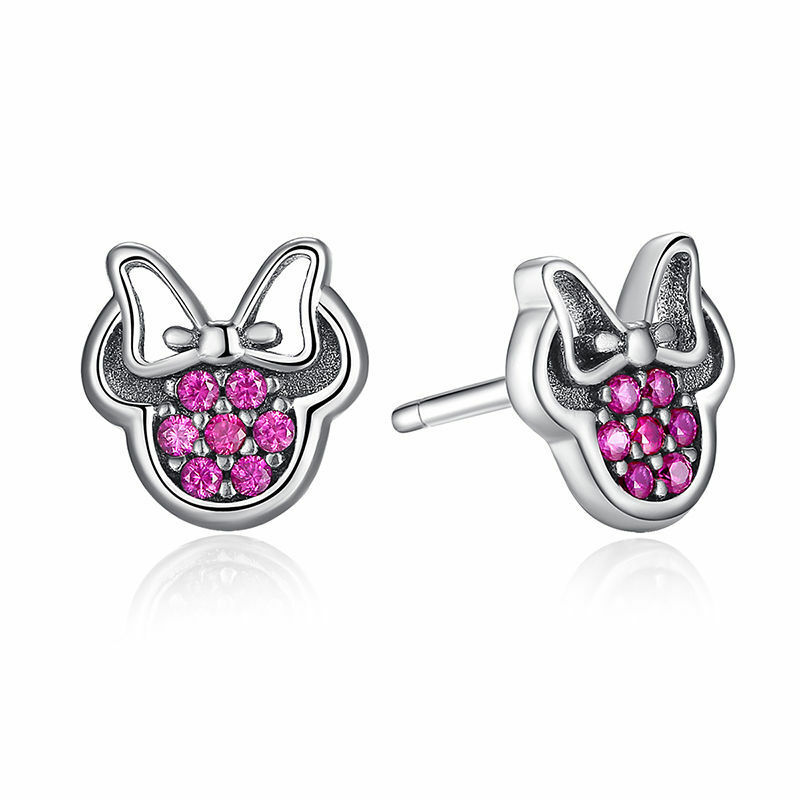 925 Sterling Silver Pink CZ Minnie Mouse Stud Earrings