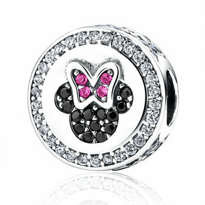 925 Sterling Silver Pink and Black CZ Minnie Mouse Bead Charm