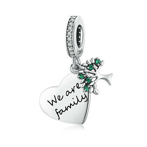 925 Sterling Silver We Are Family Green Tree and Heart Dangle Charm