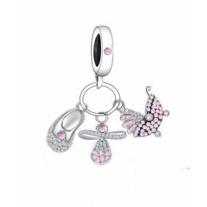 925 Sterling Silver Pink CZ Its a Girl Dangle Charm