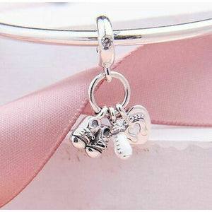 925 Sterling Silver Baby Shoes, Bottle and Feet Dangle Charm