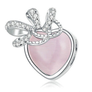 925 Sterling Silver Pink Love Heart Cz Bowtie Bead Charm