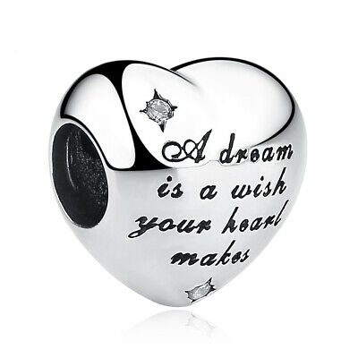 925 Sterling Silver A Dream is a Wish Clear CZ Heart Bead Charm