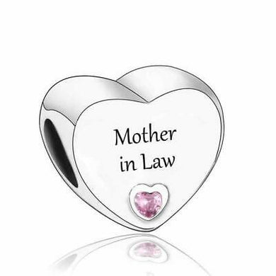 925 Sterling Silver Mother In Law Engraved Pink CZ Heart Bead Charm