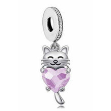 Load image into Gallery viewer, 925 Sterling Silver Kitten Pink CZ Heart Dangle Charm