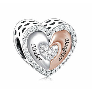 925 Sterling Silver Two Tone Mother and Daughter Heart Bead Charm