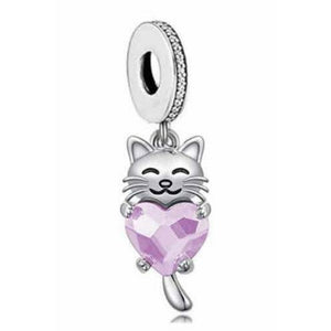 925 Sterling Silver Kitten Pink CZ Heart Dangle Charm