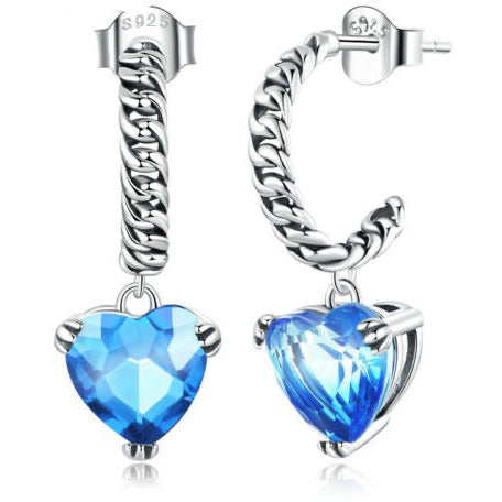 Blue Cz Heart Dangle Stud Earrings