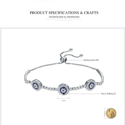925 Sterling Silver Luxury Round Blue Eyes Clear Cubic Zircon Crystal Tennis Adjustable Bracelet Jewelry SCB002