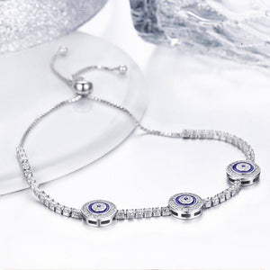 925 Sterling Silver Luxury Round Blue Eyes Clear Cubic Zircon Crystal Tennis Adjustable Bracelet Jewelry SCB002