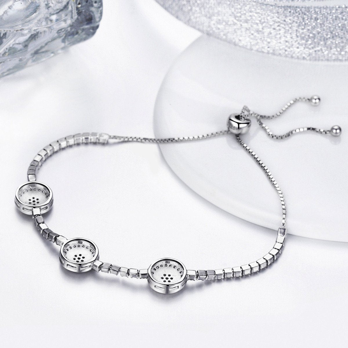 925 Sterling Silver Luxury Round Blue Eyes Clear Cubic Zircon Crystal Tennis Adjustable Bracelet Jewelry SCB002