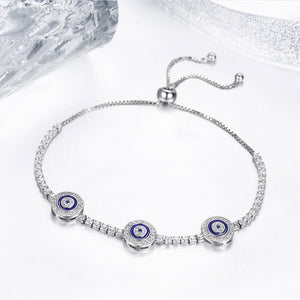 925 Sterling Silver Luxury Round Blue Eyes Clear Cubic Zircon Crystal Tennis Adjustable Bracelet Jewelry SCB002