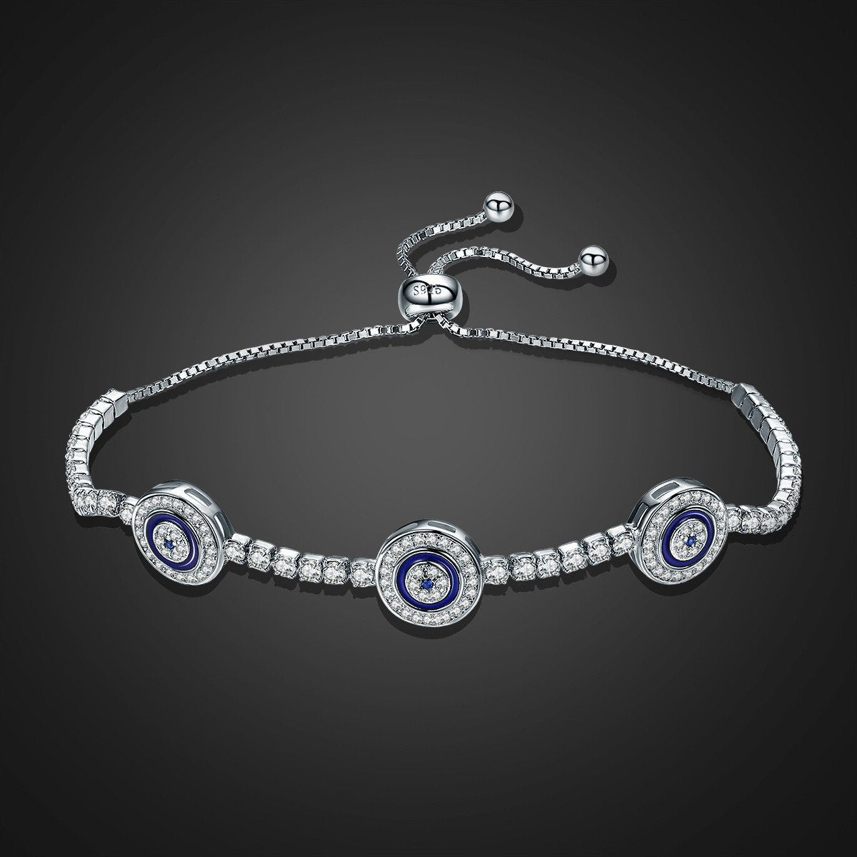 925 Sterling Silver Luxury Round Blue Eyes Clear Cubic Zircon Crystal Tennis Adjustable Bracelet Jewelry SCB002