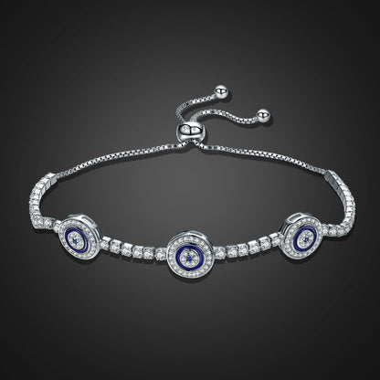 925 Sterling Silver Luxury Round Blue Eyes Clear Cubic Zircon Crystal Tennis Adjustable Bracelet Jewelry SCB002