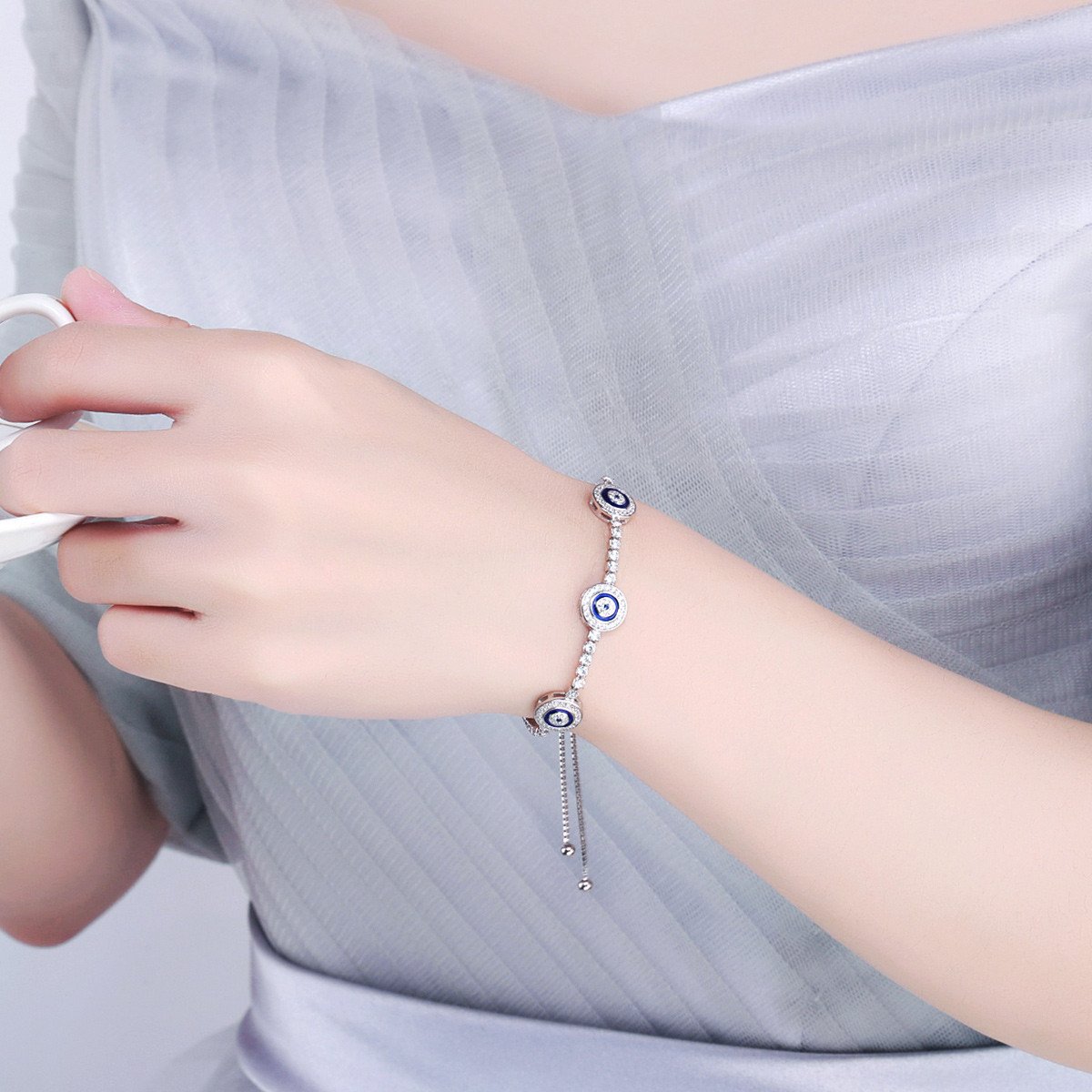 925 Sterling Silver Luxury Round Blue Eyes Clear Cubic Zircon Crystal Tennis Adjustable Bracelet Jewelry SCB002
