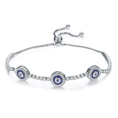 925 Sterling Silver Luxury Round Blue Eyes Clear Cubic Zircon Crystal Tennis Adjustable Bracelet Jewelry SCB002