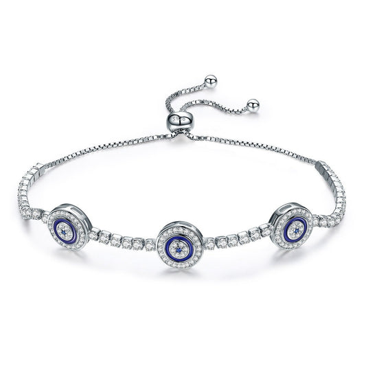 925 Sterling Silver Luxury Round Blue Eyes Clear Cubic Zircon Crystal Tennis Adjustable Bracelet Jewelry SCB002