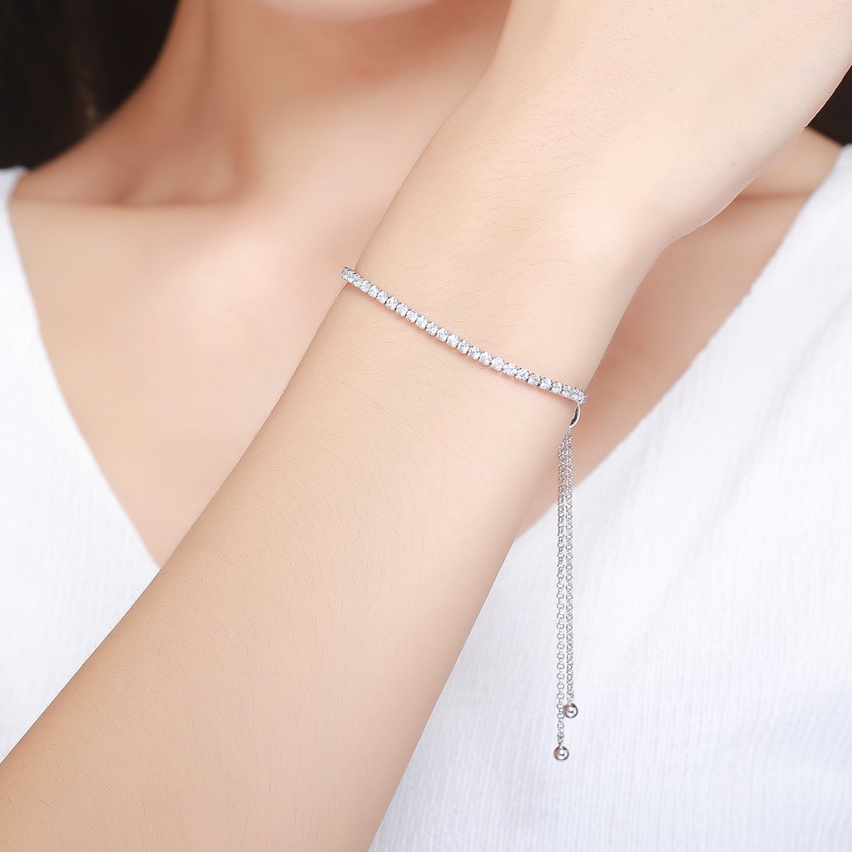 925 Sterling Silver Sparkling Strand Bracelet Women Link Tennis Bracelet Silver Jewelry SCB029
