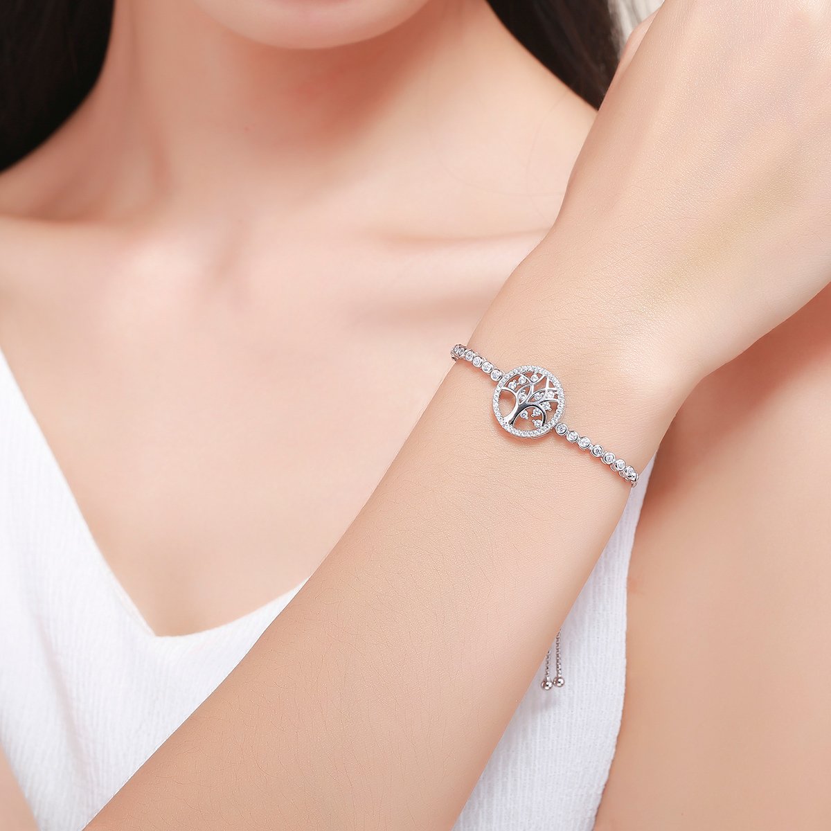 100% 925 Sterling Silver Tree of Life Tennis Bracelet Women Adjustable Link Chain Bracelet Silver Jewelry SCB035