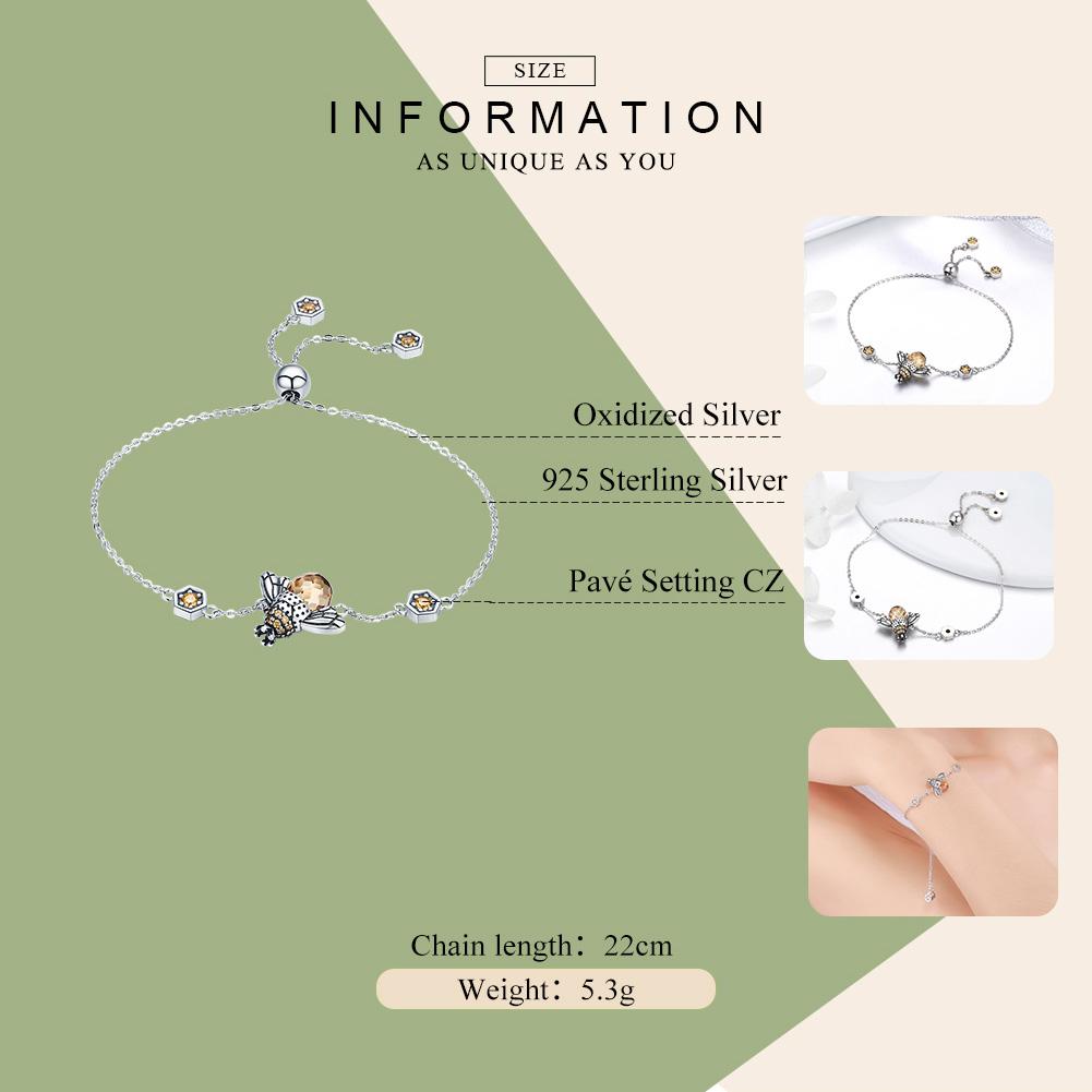 Genuine 100% 925 Sterling Silver Dancing Honey Bee Chain Link Women Bracelet Crystal Big Stone Bracelet Jewelry SCB043