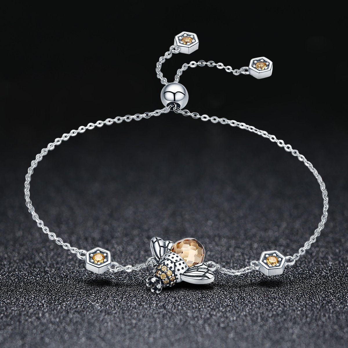 Genuine 100% 925 Sterling Silver Dancing Honey Bee Chain Link Women Bracelet Crystal Big Stone Bracelet Jewelry SCB043