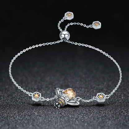Genuine 100% 925 Sterling Silver Dancing Honey Bee Chain Link Women Bracelet Crystal Big Stone Bracelet Jewelry SCB043
