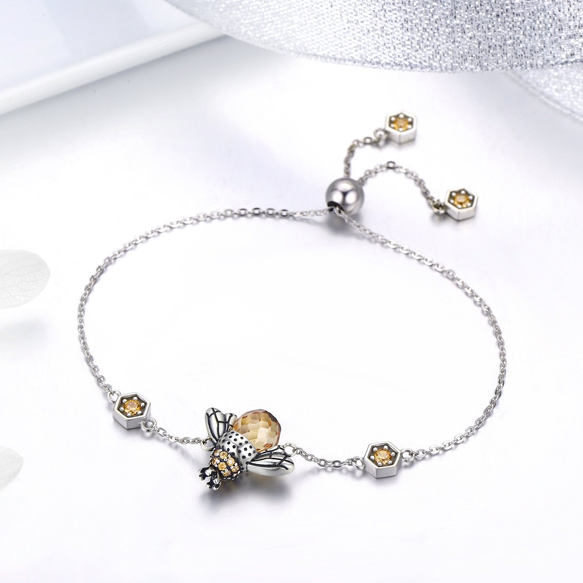 Genuine 100% 925 Sterling Silver Dancing Honey Bee Chain Link Women Bracelet Crystal Big Stone Bracelet Jewelry SCB043