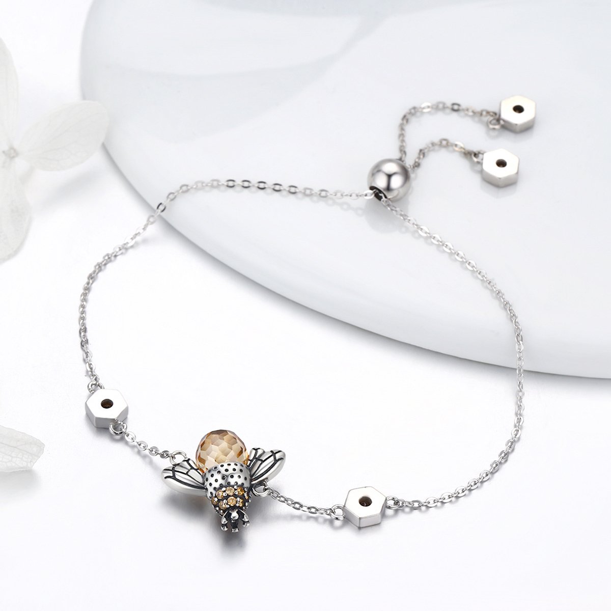Genuine 100% 925 Sterling Silver Dancing Honey Bee Chain Link Women Bracelet Crystal Big Stone Bracelet Jewelry SCB043