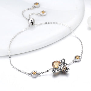 Genuine 100% 925 Sterling Silver Dancing Honey Bee Chain Link Women Bracelet Crystal Big Stone Bracelet Jewelry SCB043