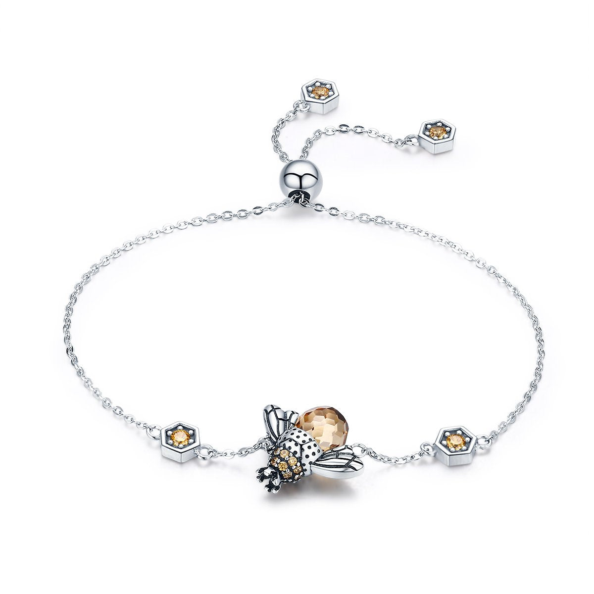 Genuine 100% 925 Sterling Silver Dancing Honey Bee Chain Link Women Bracelet Crystal Big Stone Bracelet Jewelry SCB043
