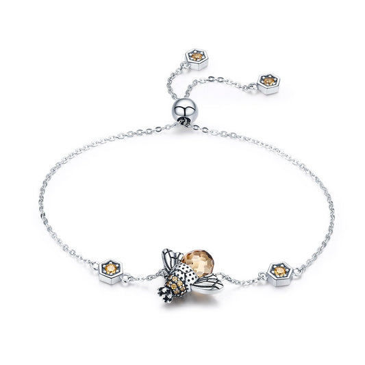 Genuine 100% 925 Sterling Silver Dancing Honey Bee Chain Link Women Bracelet Crystal Big Stone Bracelet Jewelry SCB043
