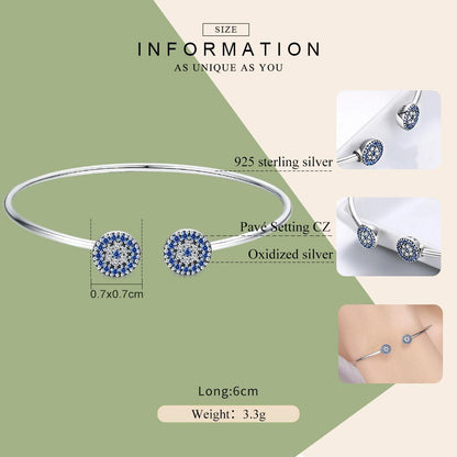 2018 New 100% 925 Sterling Silver Lucky Blue Eyes Blue CZ Women Open Cuff Bangle & Bracelet Luxury Silver Jewelry SCB058