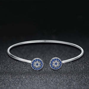 2018 New 100% 925 Sterling Silver Lucky Blue Eyes Blue CZ Women Open Cuff Bangle & Bracelet Luxury Silver Jewelry SCB058