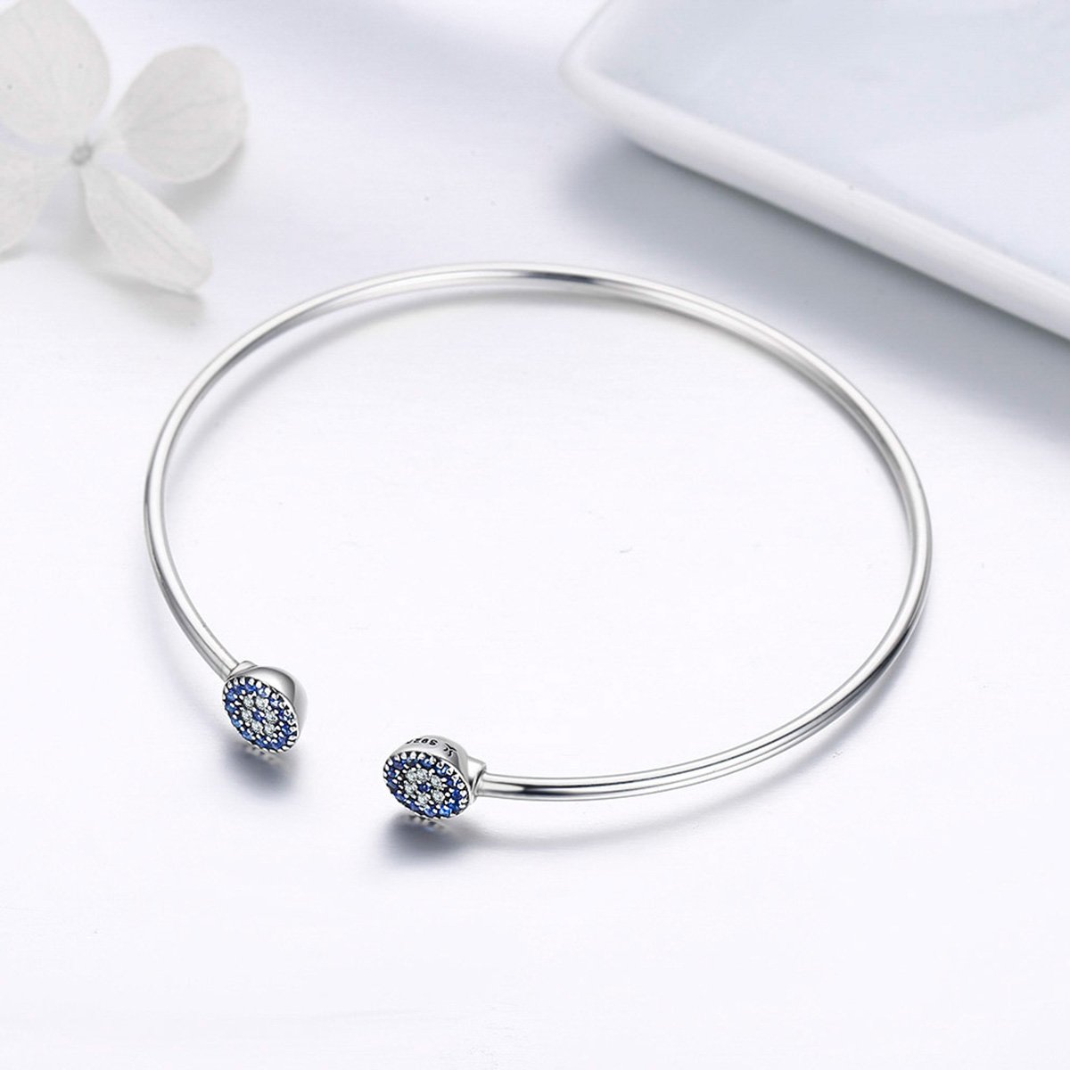 2018 New 100% 925 Sterling Silver Lucky Blue Eyes Blue CZ Women Open Cuff Bangle & Bracelet Luxury Silver Jewelry SCB058
