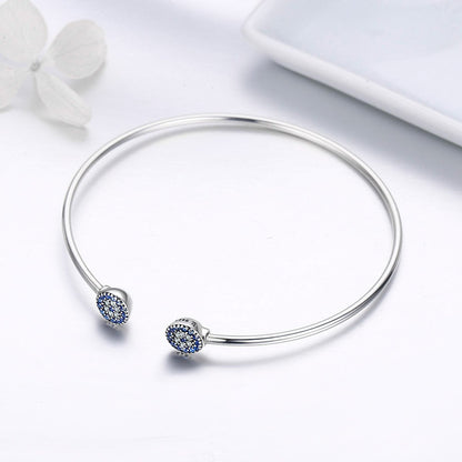 2018 New 100% 925 Sterling Silver Lucky Blue Eyes Blue CZ Women Open Cuff Bangle & Bracelet Luxury Silver Jewelry SCB058
